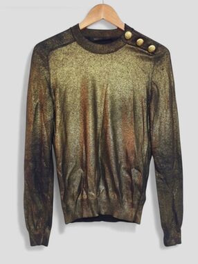 Balmain x H&M Metallic Gold Sweater Button Shoulder Knit Top Size 4 Distressed